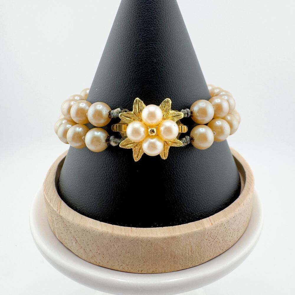 Vintage Double Strand Faux Pearl Bracelet Gold-Tone Starburst Clasp Timeless